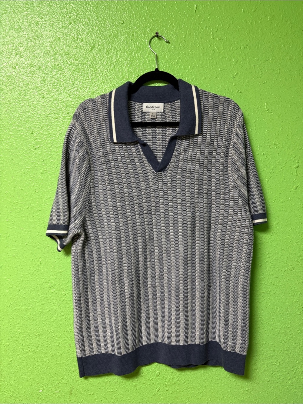 Goodfellow & Co Navy and White Striped Short-Sleeve Polo